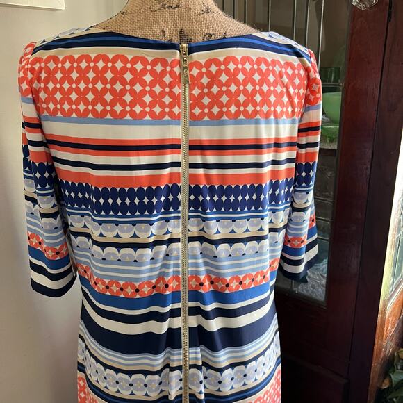 Pink & Blue Mixed Print Midi Shift Dress Size 12 Scoop Neck Back Zip Bohemian - Picture 5 of 16
